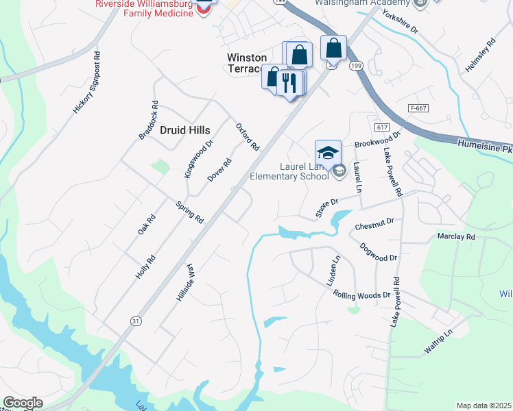 map of restaurants, bars, coffee shops, grocery stores, and more near 108 Edgewood Lane in Williamsburg