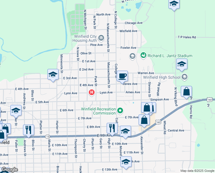 map of restaurants, bars, coffee shops, grocery stores, and more near 401-451 Massachusetts St in Winfield