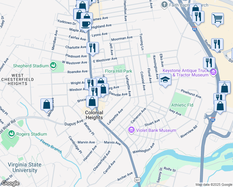 map of restaurants, bars, coffee shops, grocery stores, and more near 224 Danville Avenue in Colonial Heights