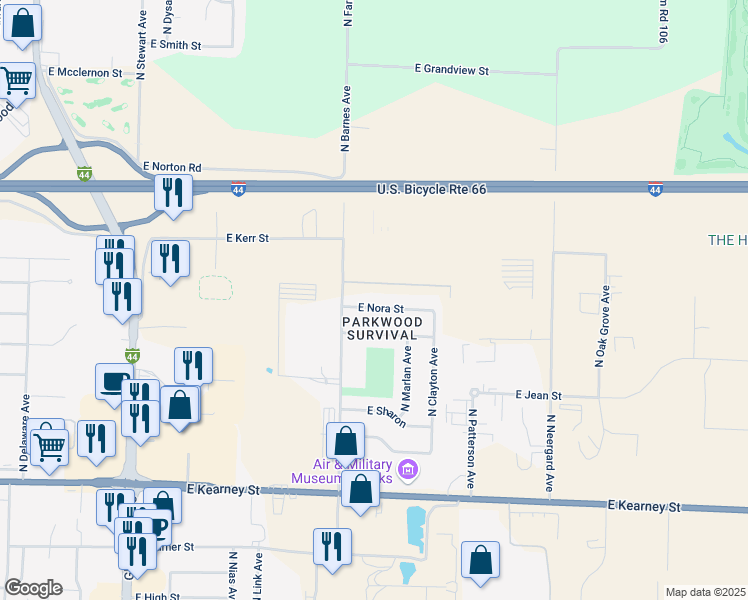 map of restaurants, bars, coffee shops, grocery stores, and more near 2241 East Nora Street in Springfield