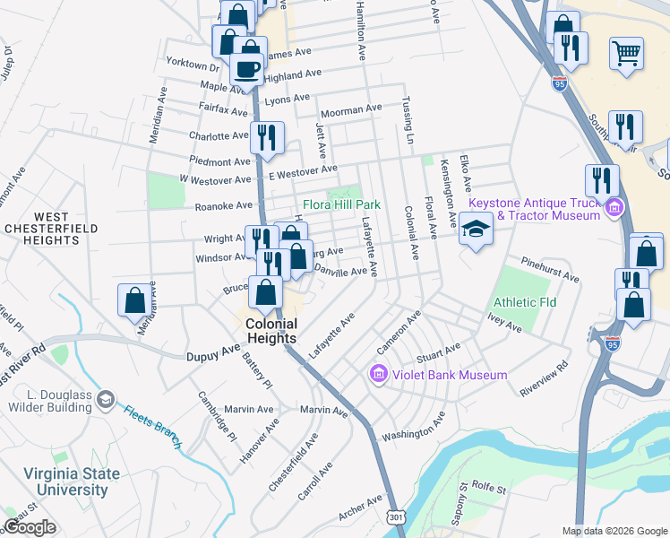 map of restaurants, bars, coffee shops, grocery stores, and more near 224 Danville Avenue in Colonial Heights