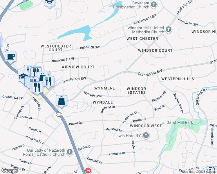 map of restaurants, bars, coffee shops, grocery stores, and more near 2020 Wynmere Drive in Cave Spring