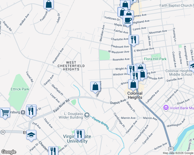 map of restaurants, bars, coffee shops, grocery stores, and more near 304 Plumtree Avenue in Colonial Heights