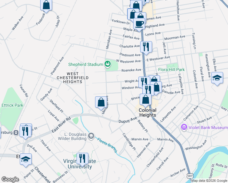 map of restaurants, bars, coffee shops, grocery stores, and more near 212 Plumtree Avenue in Colonial Heights