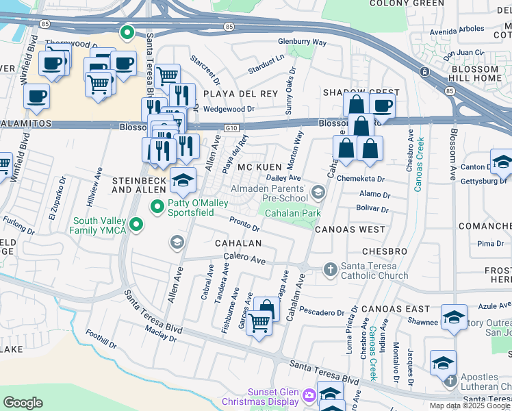 map of restaurants, bars, coffee shops, grocery stores, and more near 5672 Calmor Court in San Jose