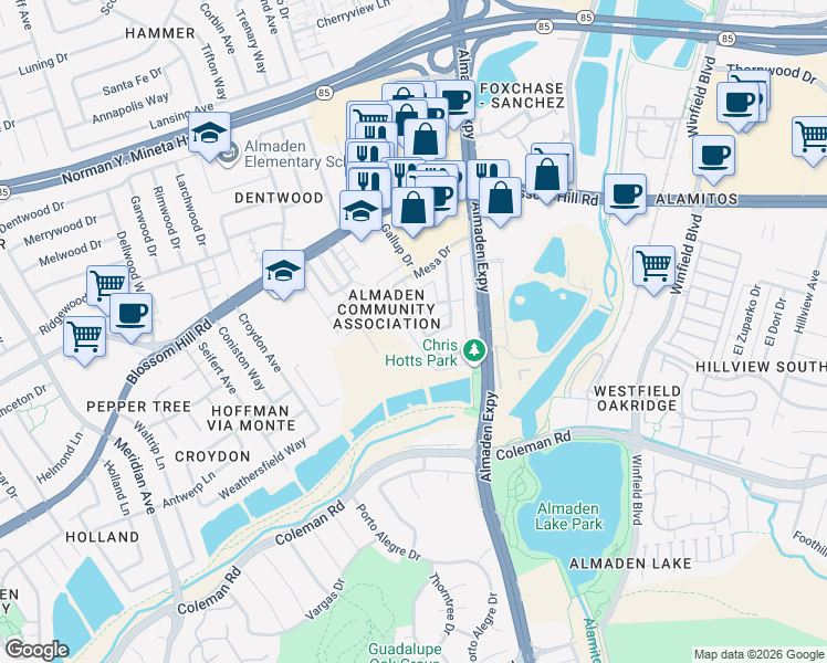 map of restaurants, bars, coffee shops, grocery stores, and more near 5709 Via Monte in San Jose