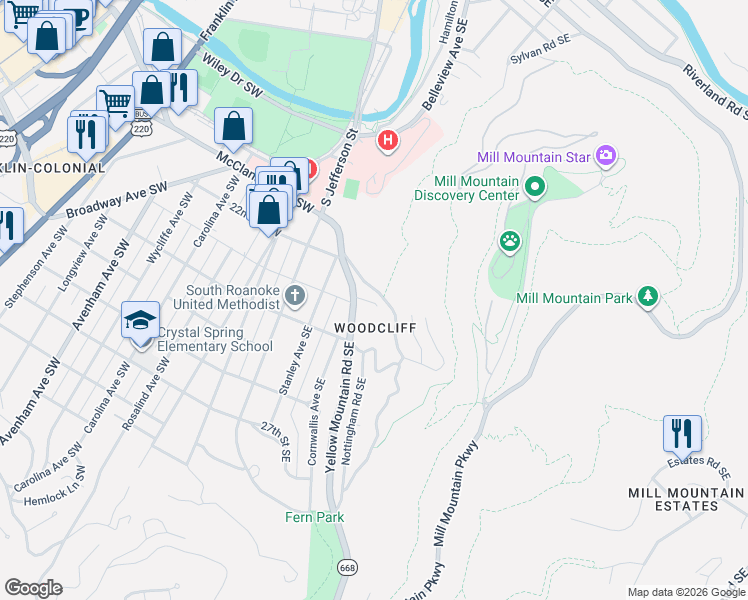 map of restaurants, bars, coffee shops, grocery stores, and more near 2239 Woodcliff Road Southeast in Roanoke
