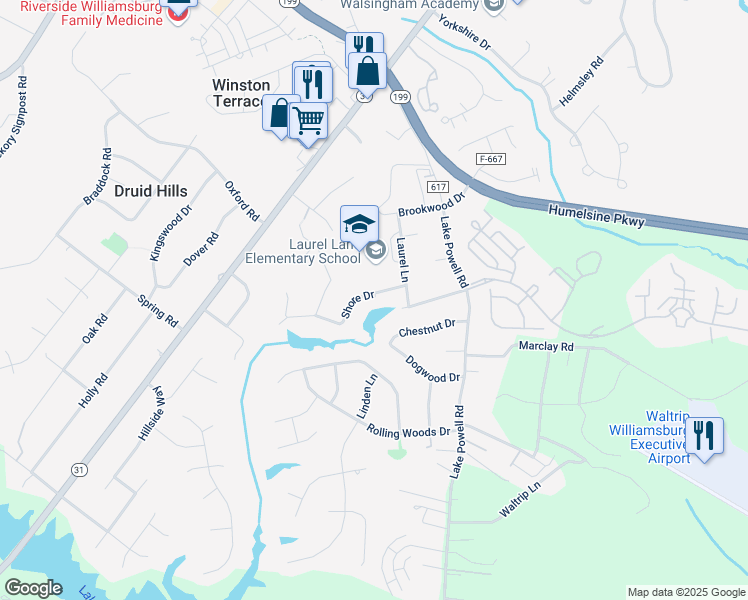 map of restaurants, bars, coffee shops, grocery stores, and more near 106 Shore Drive in Williamsburg
