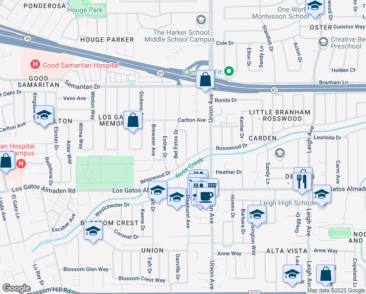 map of restaurants, bars, coffee shops, grocery stores, and more near 5025 Bel Canto Drive in San Jose