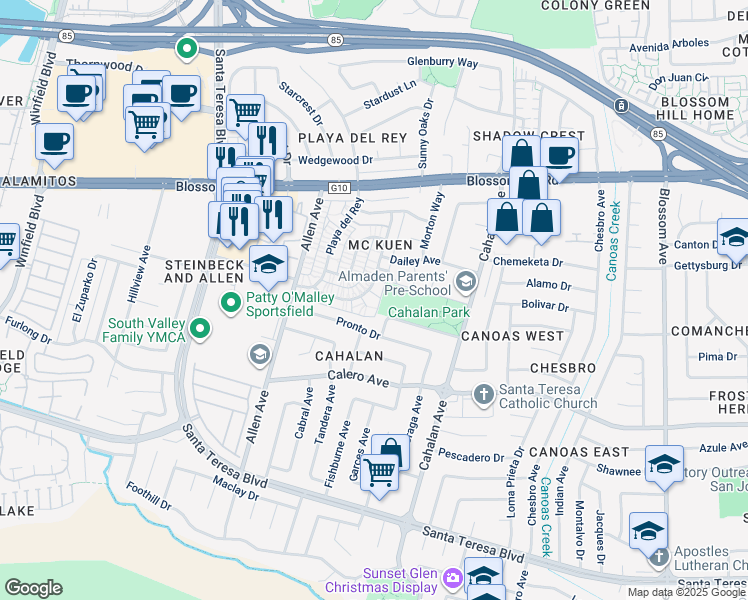 map of restaurants, bars, coffee shops, grocery stores, and more near 5672 Calmor Court in San Jose