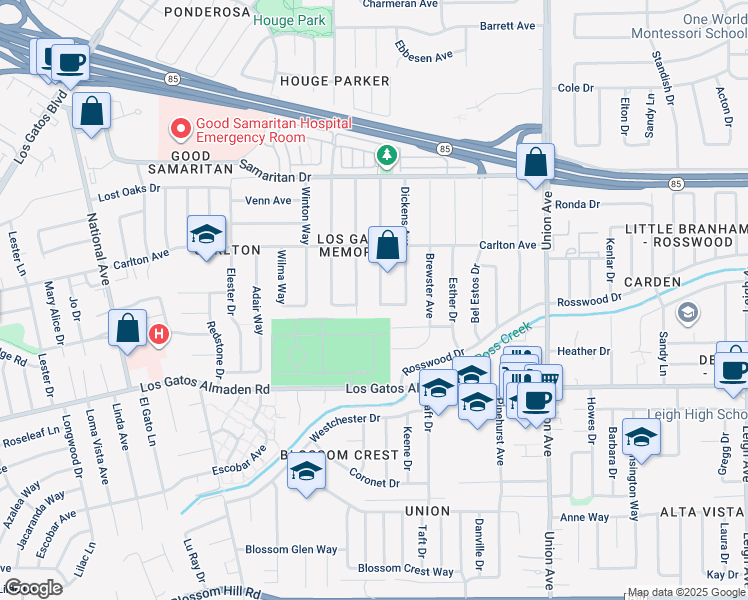 map of restaurants, bars, coffee shops, grocery stores, and more near 15255 Cooper Avenue in San Jose