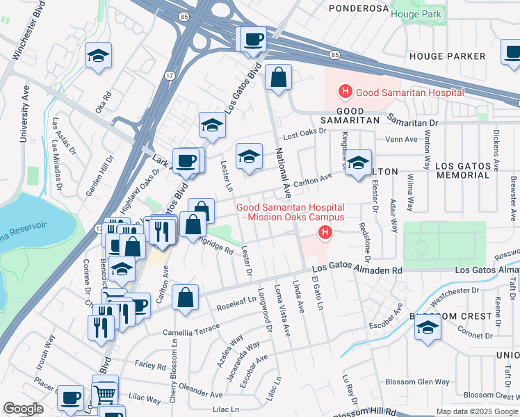 map of restaurants, bars, coffee shops, grocery stores, and more near 235 Jo Drive in Los Gatos