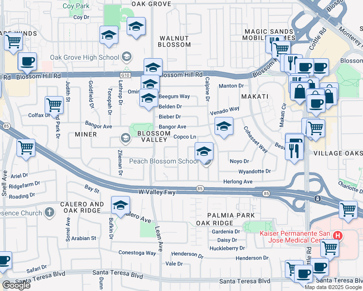 map of restaurants, bars, coffee shops, grocery stores, and more near 5808 Chris Drive in San Jose