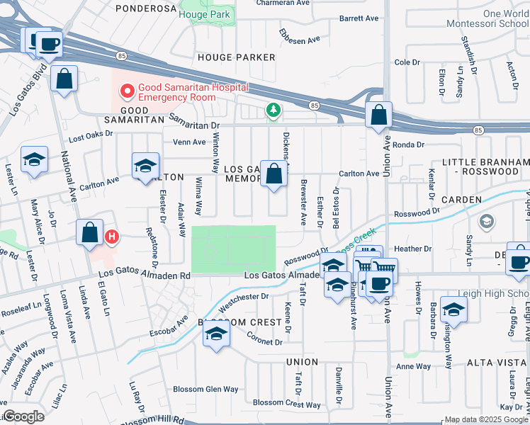 map of restaurants, bars, coffee shops, grocery stores, and more near 15255 Cooper Avenue in San Jose