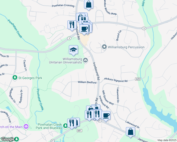 map of restaurants, bars, coffee shops, grocery stores, and more near 2908 Richard Pace North in Williamsburg