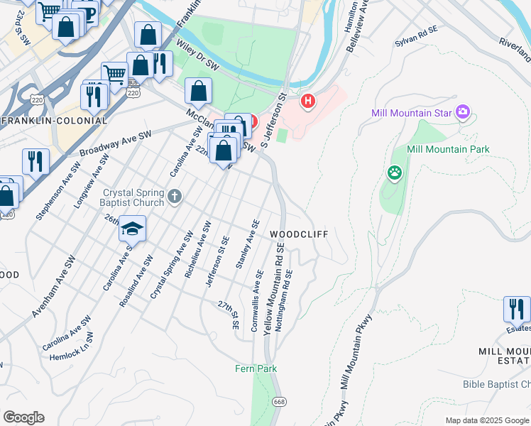 map of restaurants, bars, coffee shops, grocery stores, and more near 2302 Stanley Avenue Southeast in Roanoke