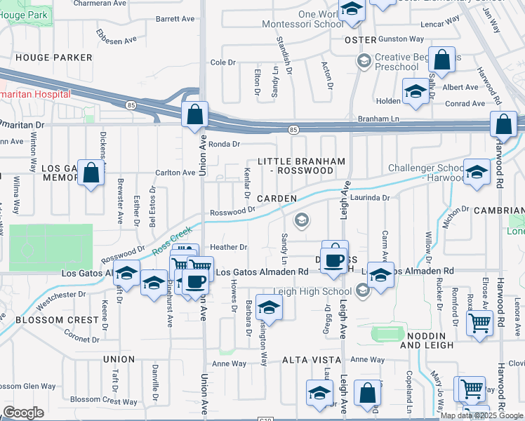 map of restaurants, bars, coffee shops, grocery stores, and more near 1952 Rosswood Drive in San Jose
