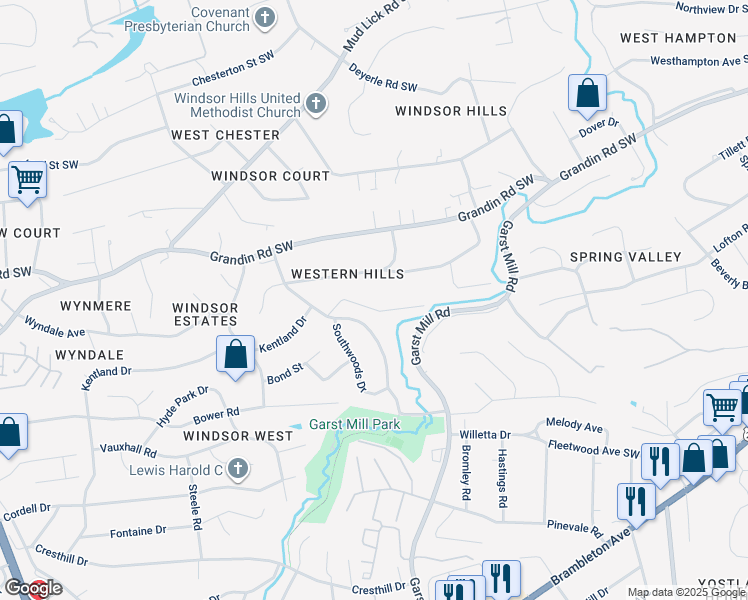 map of restaurants, bars, coffee shops, grocery stores, and more near 3457 South Park Circle in Cave Spring