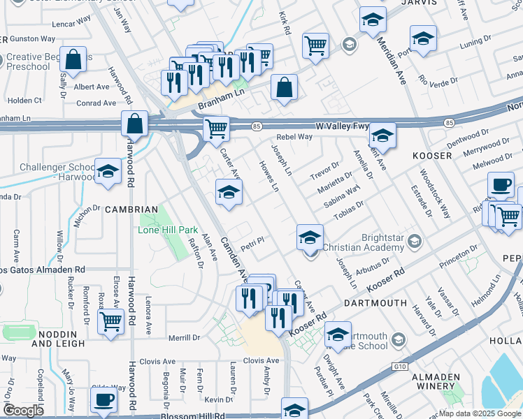 map of restaurants, bars, coffee shops, grocery stores, and more near 5164 Carter Avenue in San Jose
