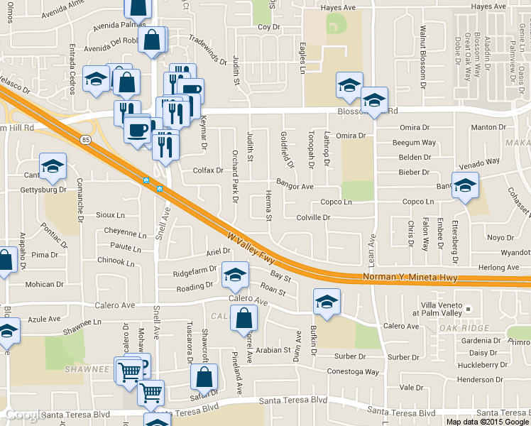 map of restaurants, bars, coffee shops, grocery stores, and more near 5798 Chandler Court in San Jose