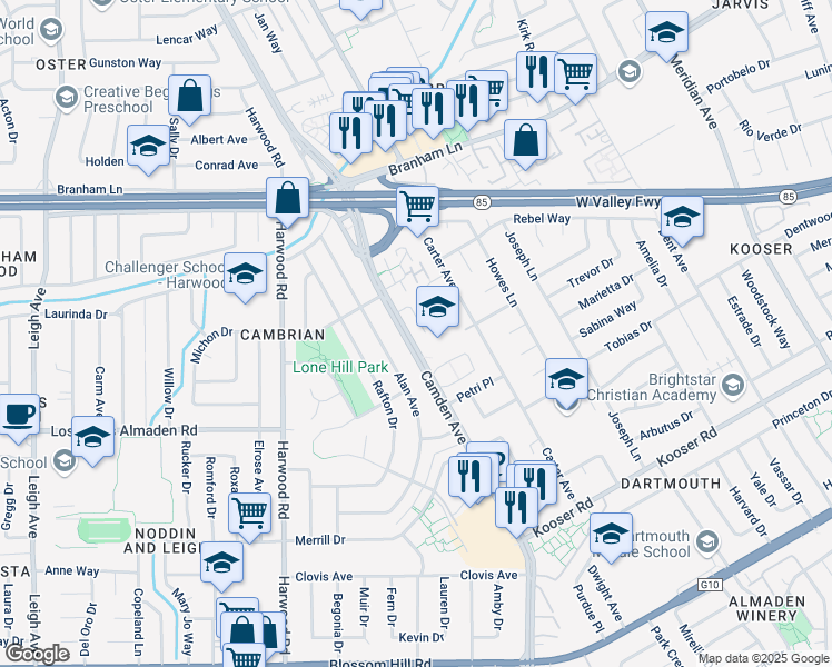 map of restaurants, bars, coffee shops, grocery stores, and more near 1640 Merriton Court in San Jose