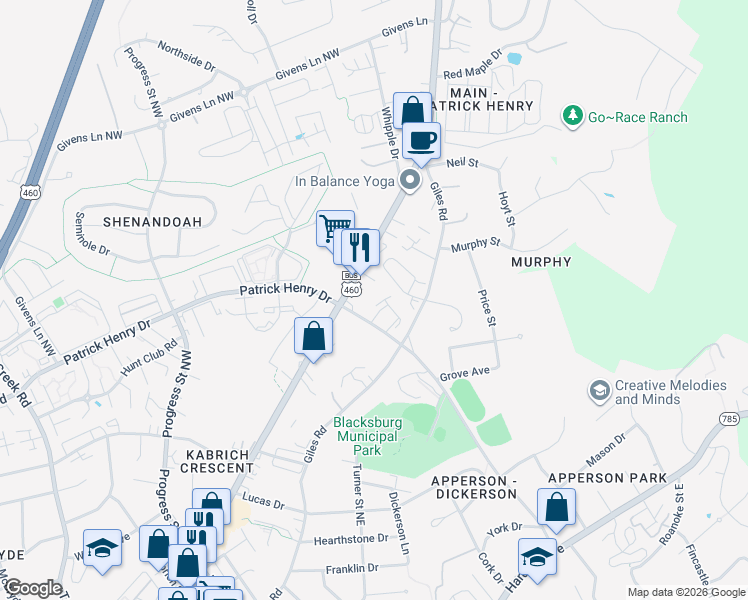 map of restaurants, bars, coffee shops, grocery stores, and more near 880 Patrick Henry Drive in Blacksburg