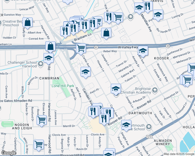 map of restaurants, bars, coffee shops, grocery stores, and more near 5164 Carter Avenue in San Jose