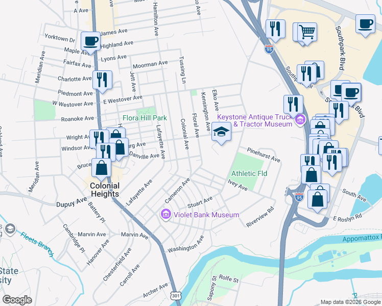 map of restaurants, bars, coffee shops, grocery stores, and more near 603 Colonial Avenue in Colonial Heights