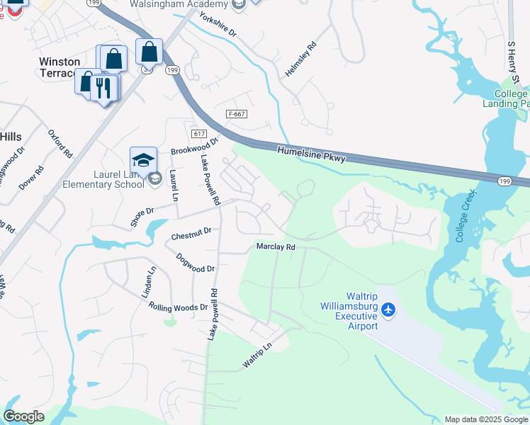 map of restaurants, bars, coffee shops, grocery stores, and more near 5605 Williamsburg Landing Drive in Williamsburg