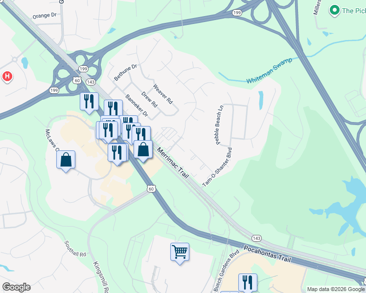 map of restaurants, bars, coffee shops, grocery stores, and more near 109 Callahan Drive in Williamsburg