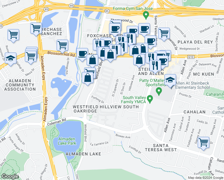 map of restaurants, bars, coffee shops, grocery stores, and more near 5868 El Zuparko Drive in San Jose
