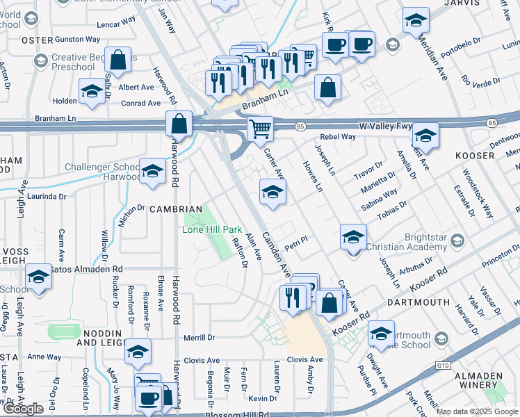 map of restaurants, bars, coffee shops, grocery stores, and more near 1640 Merriton Court in San Jose