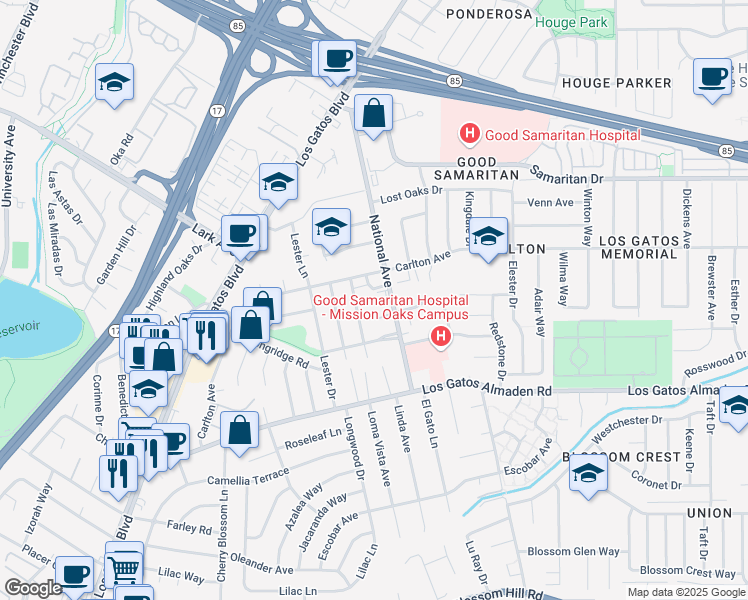 map of restaurants, bars, coffee shops, grocery stores, and more near 235 Jo Drive in Los Gatos