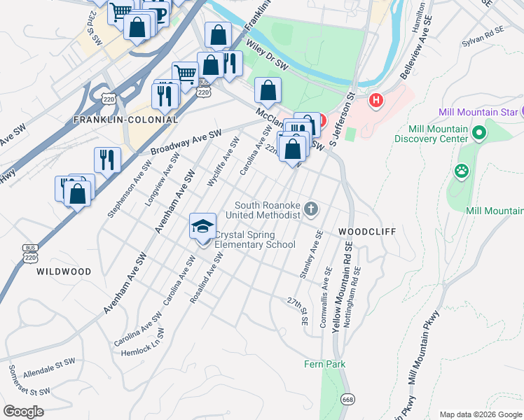 map of restaurants, bars, coffee shops, grocery stores, and more near 204 24th Street Southwest in Roanoke