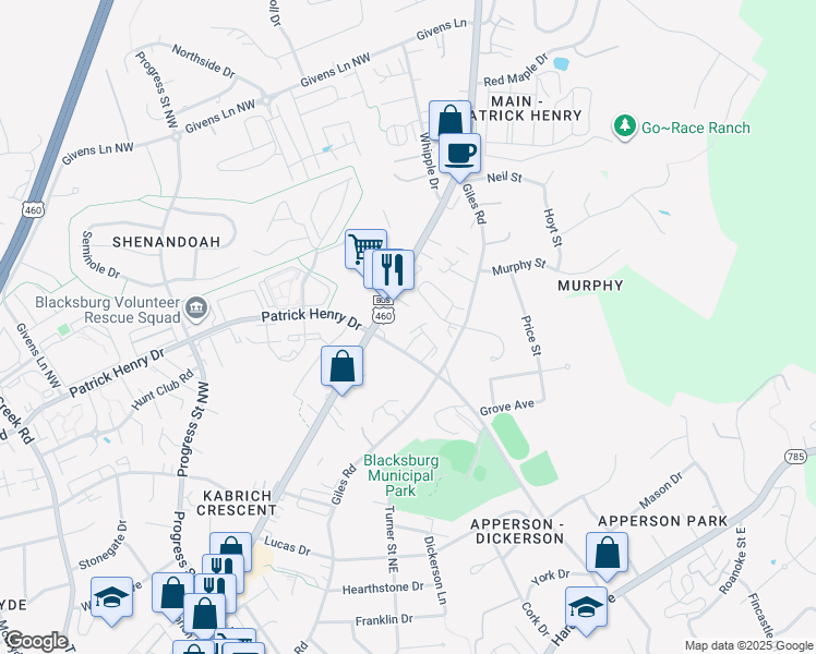 map of restaurants, bars, coffee shops, grocery stores, and more near 880 Patrick Henry Drive in Blacksburg