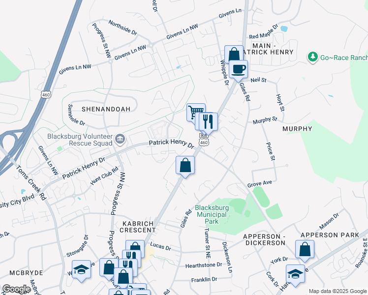 map of restaurants, bars, coffee shops, grocery stores, and more near 1001 Patrick Henry Drive in Blacksburg