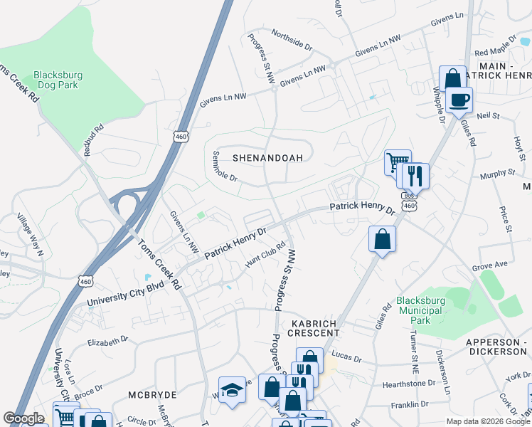 map of restaurants, bars, coffee shops, grocery stores, and more near 301 Shenandoah Circle in Blacksburg