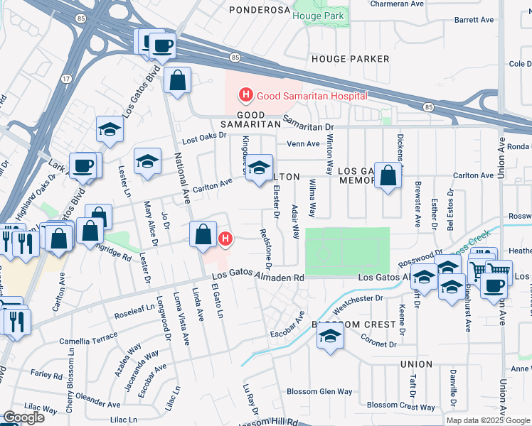 map of restaurants, bars, coffee shops, grocery stores, and more near 5006 Redstone Drive in San Jose