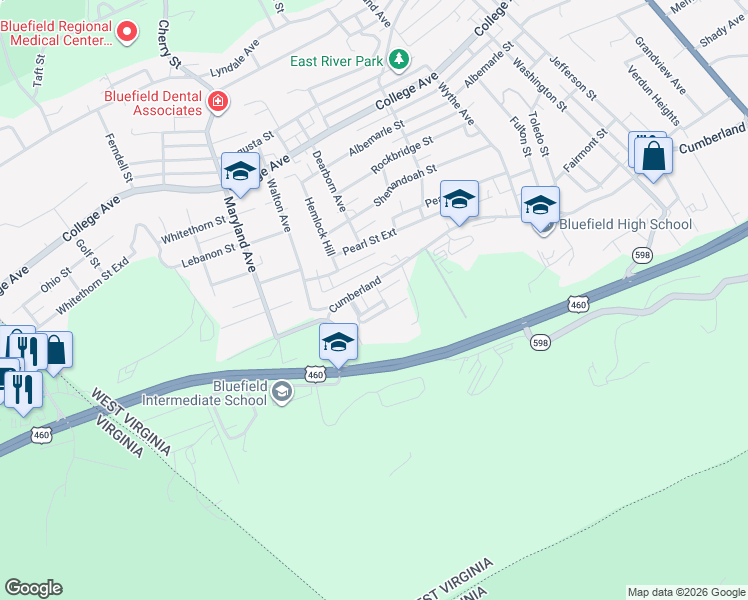 map of restaurants, bars, coffee shops, grocery stores, and more near 110 Tamarack St in Bluefield