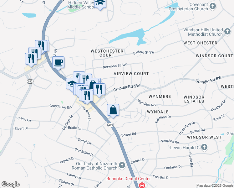 map of restaurants, bars, coffee shops, grocery stores, and more near 4865 Glen Ivy Lane Southwest in Roanoke