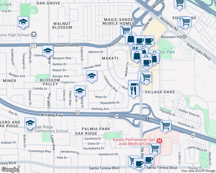 map of restaurants, bars, coffee shops, grocery stores, and more near 182 Benbow Avenue in San Jose