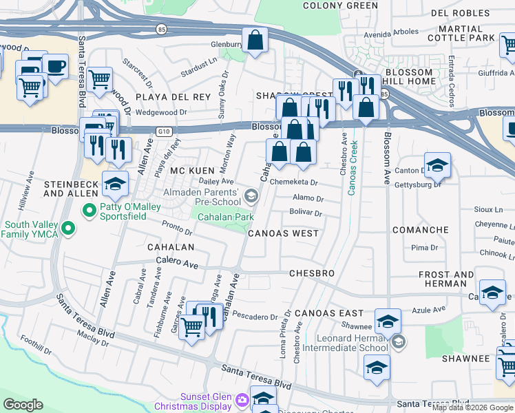 map of restaurants, bars, coffee shops, grocery stores, and more near 5788 Cahalan Avenue in San Jose