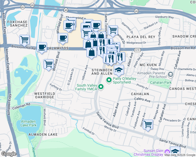 map of restaurants, bars, coffee shops, grocery stores, and more near 5744 Halleck Drive in San Jose