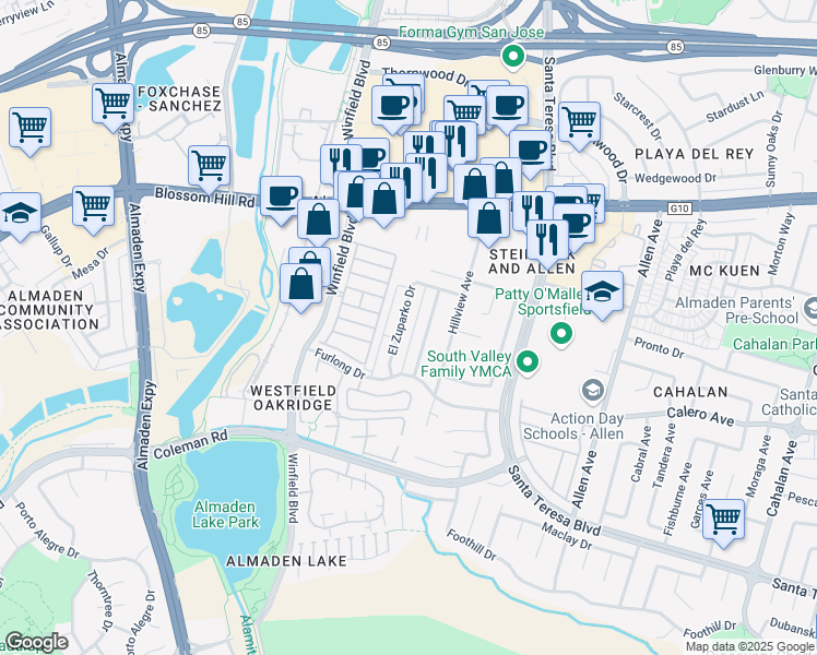 map of restaurants, bars, coffee shops, grocery stores, and more near 5868 El Zuparko Drive in San Jose