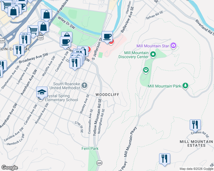 map of restaurants, bars, coffee shops, grocery stores, and more near 2239 Woodcliff Road Southeast in Roanoke