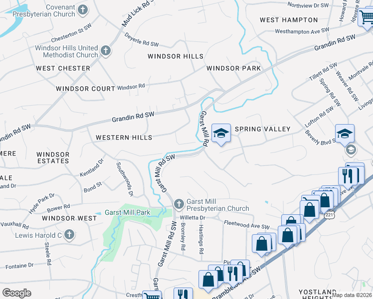 map of restaurants, bars, coffee shops, grocery stores, and more near 2543 Winifred Drive Southwest in Roanoke