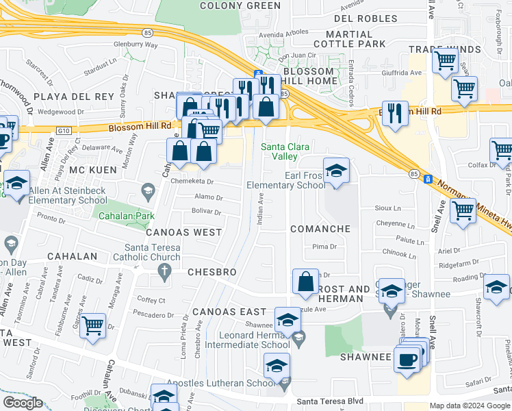 map of restaurants, bars, coffee shops, grocery stores, and more near 5743 Indian Avenue in San Jose