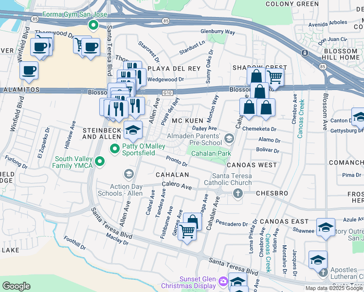 map of restaurants, bars, coffee shops, grocery stores, and more near 5672 Calmor Court in San Jose