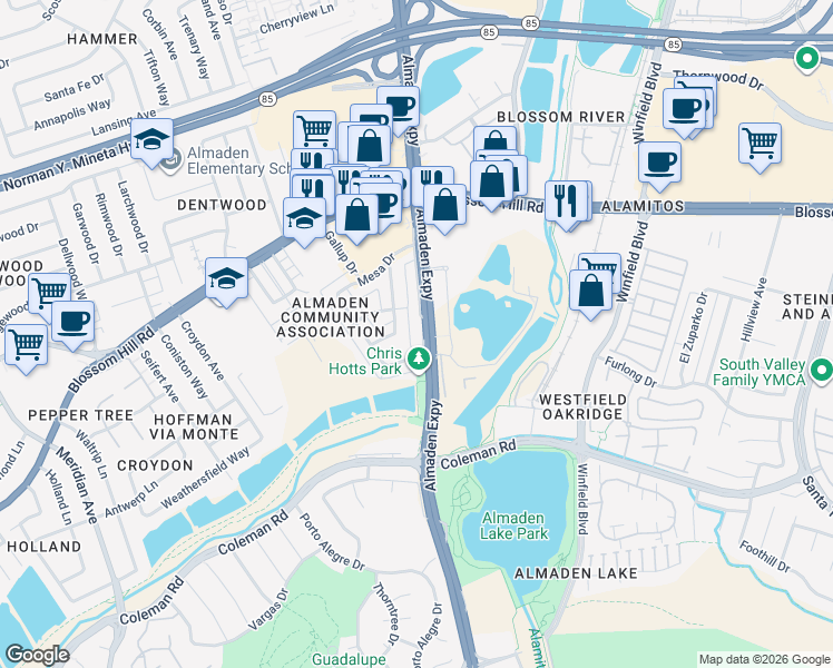 map of restaurants, bars, coffee shops, grocery stores, and more near 5747 Almaden Road in San Jose