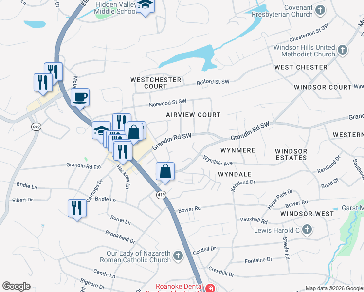 map of restaurants, bars, coffee shops, grocery stores, and more near 4700 Grandin Road Southwest in Roanoke